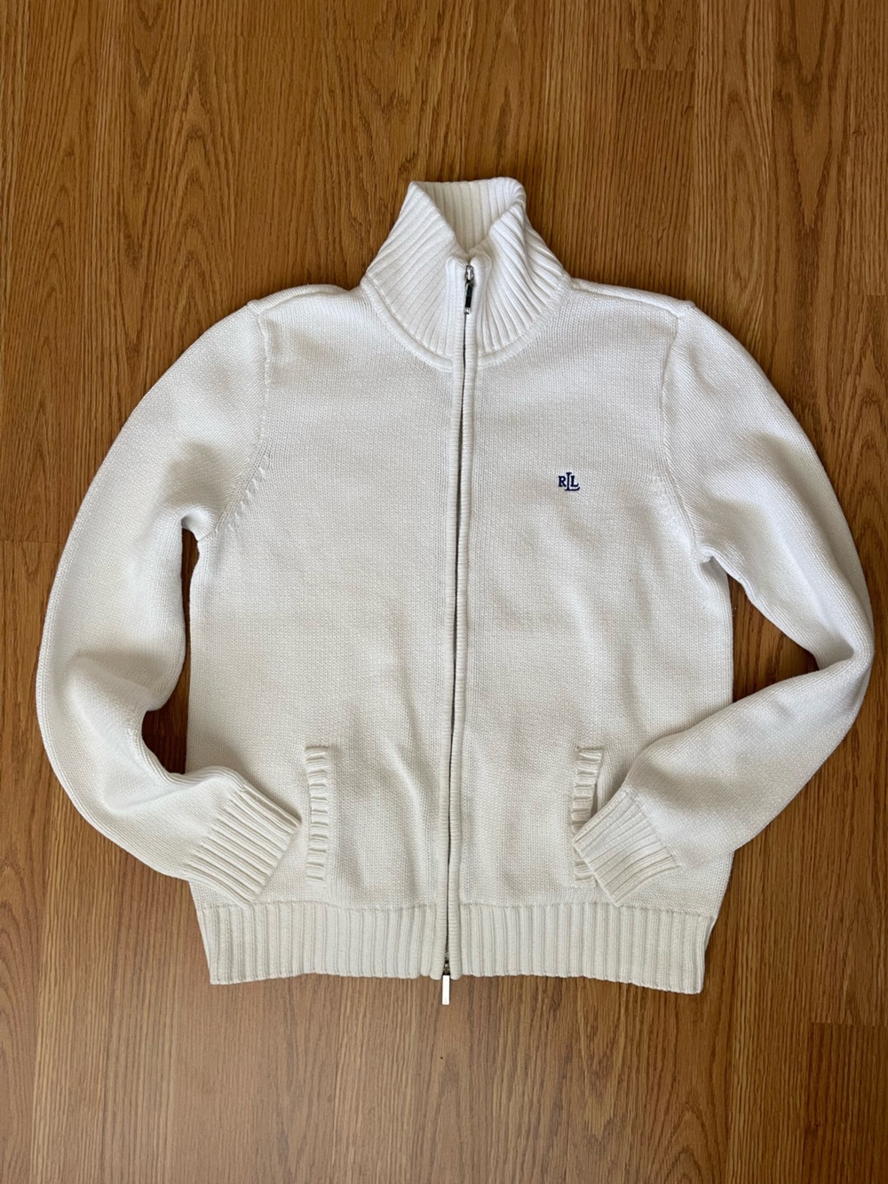 Ralph Lauren Cream Full-Zip Ribbed Mock Neck Cardigan off white coastalgrandma